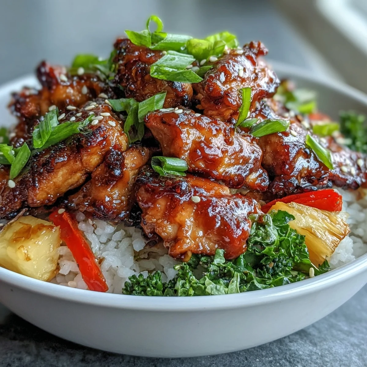 Savory glazed chicken and crisp vegetables over fluffy rice, garnished with scallions and fresh pineapple.