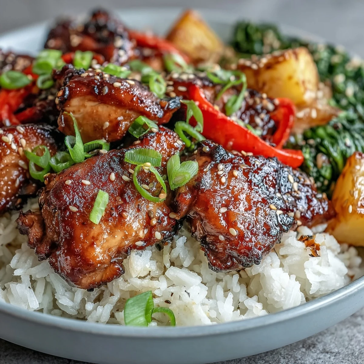 Teriyaki chicken and rice bowl for four, featuring tender meat, stir-fried veggies, and sweet pineapple garnish.