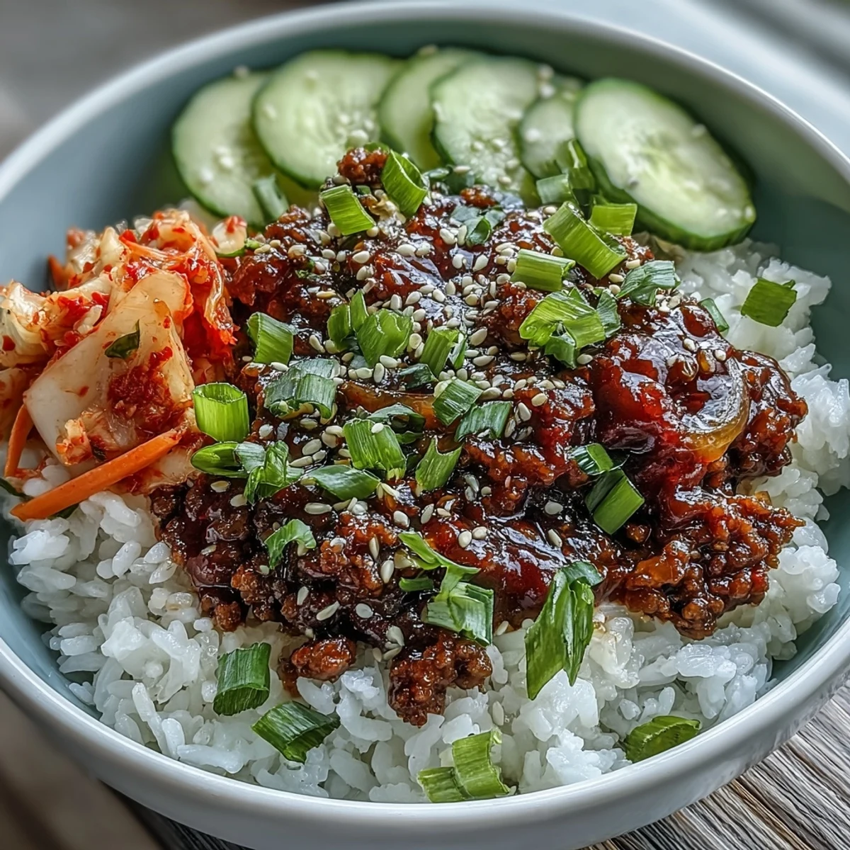 Close-up of a Korean Beef Bowl featuring seasoned ground beef in a spicy gochujang sauce, served over fluffy white rice and topped with pickled vegetables, crisp cucumber, and radish slices.