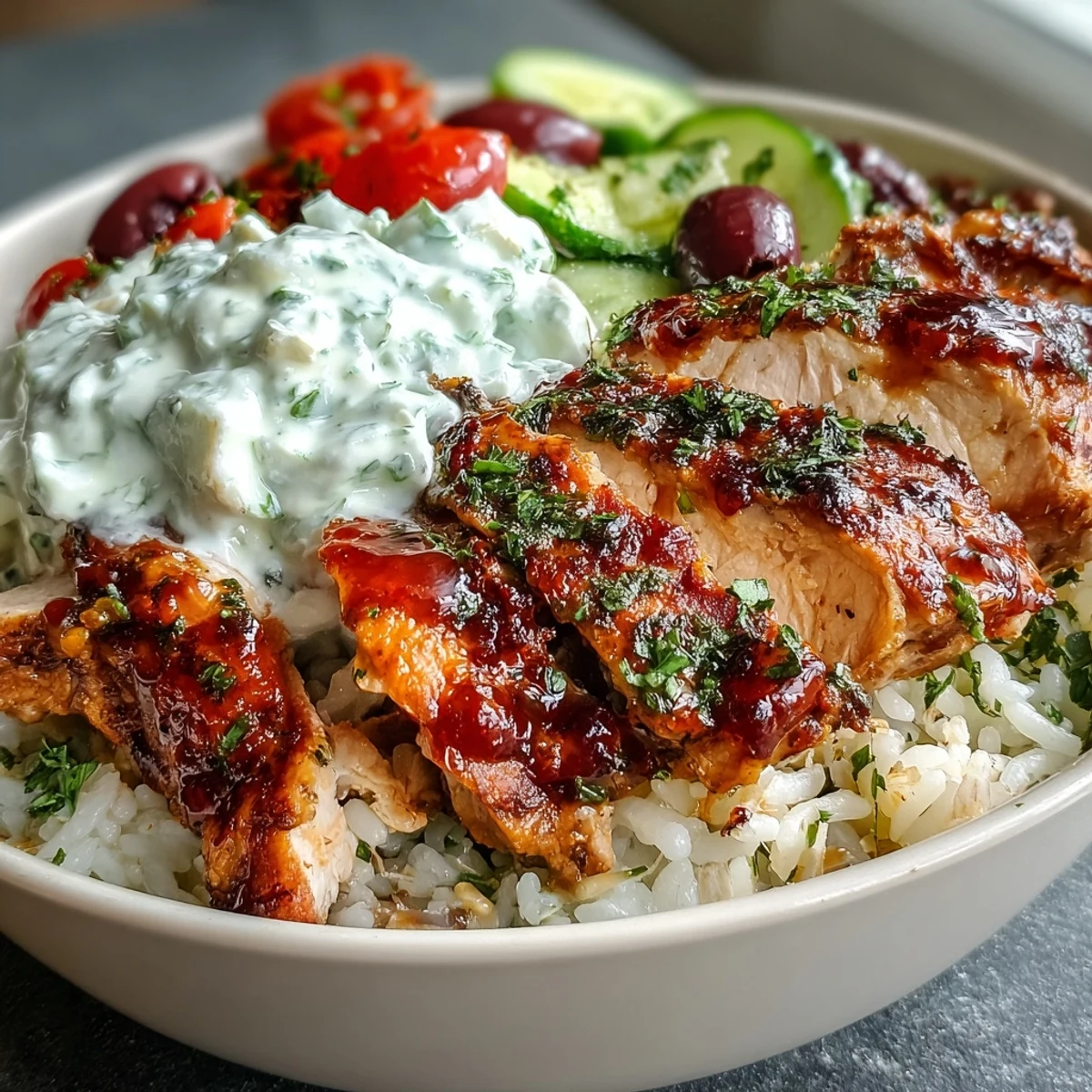 Vibrant Greek Chicken Bowl plated with tender marinated chicken, crisp veggies, herbed rice, and a dollop of tzatziki.