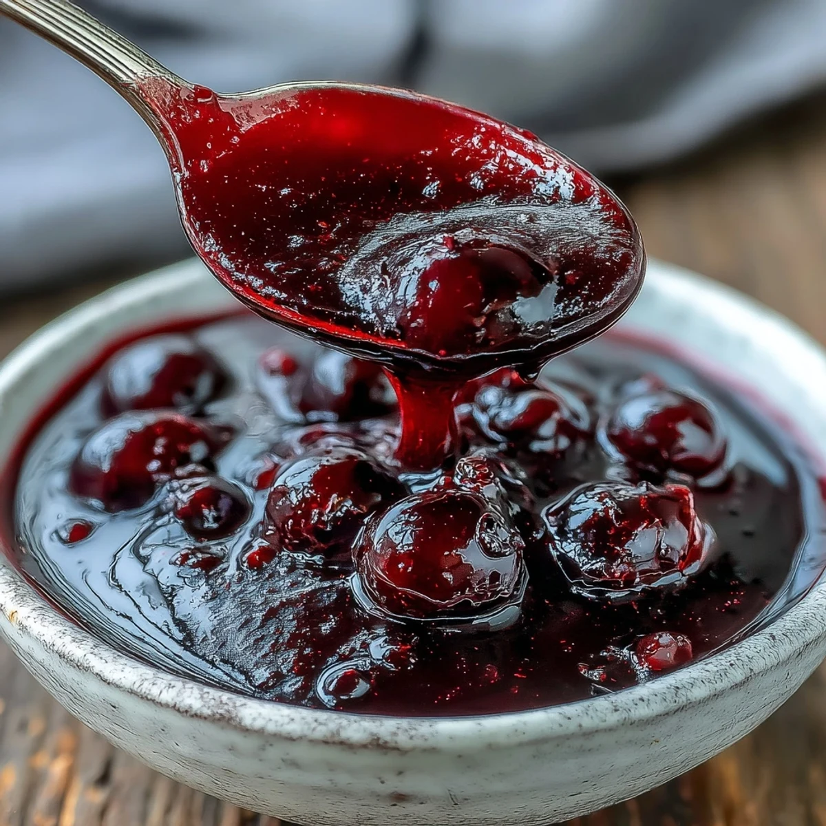 Thick Black Currant Reduction simmering in a saucepan with aromatics like thyme, bay leaf, and chopped shallot.