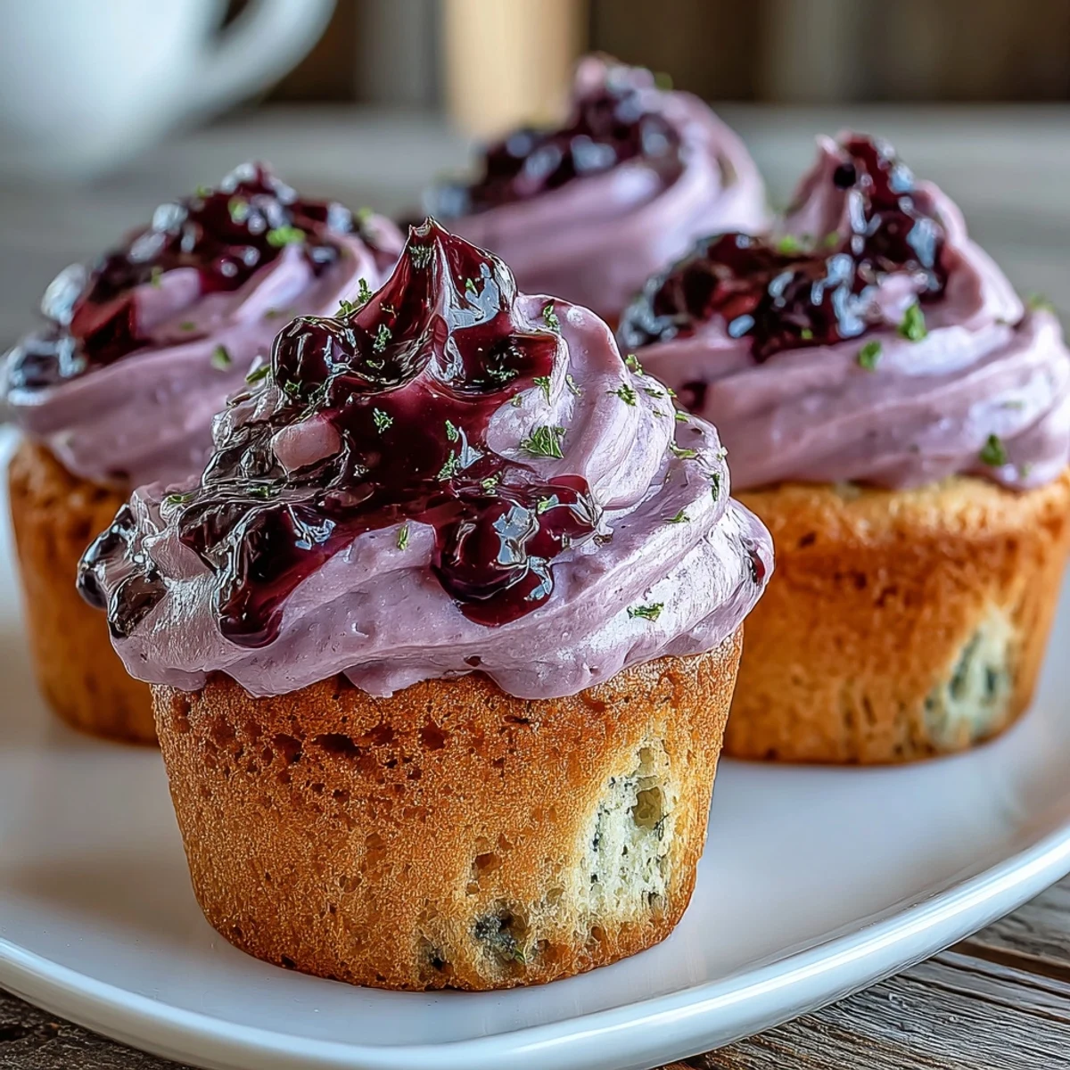 Twelve olive oil cupcakes with black currant frosting on a white plate, garnished with fresh berries.