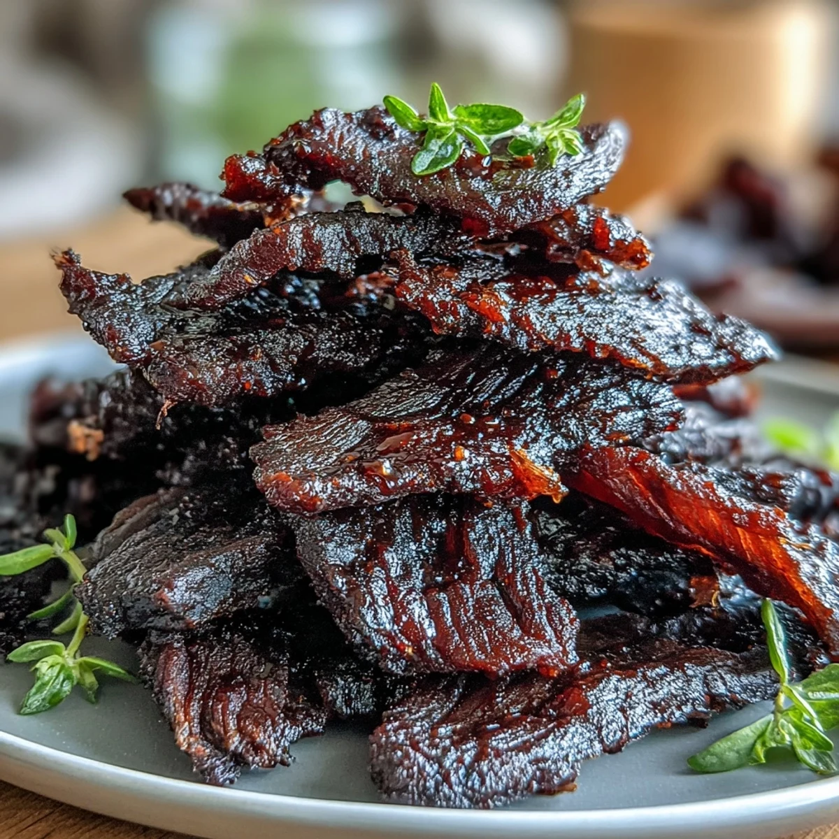 Perfectly smoked Black Currant Smoky Jerky, marinated in a sweet and savory BBQ sauce and sliced against the grain.