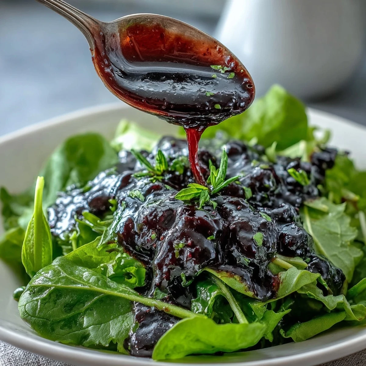 Black Currant Vinaigrette drizzled over roasted root vegetables, highlighting the glossy, berry-rich dressing.