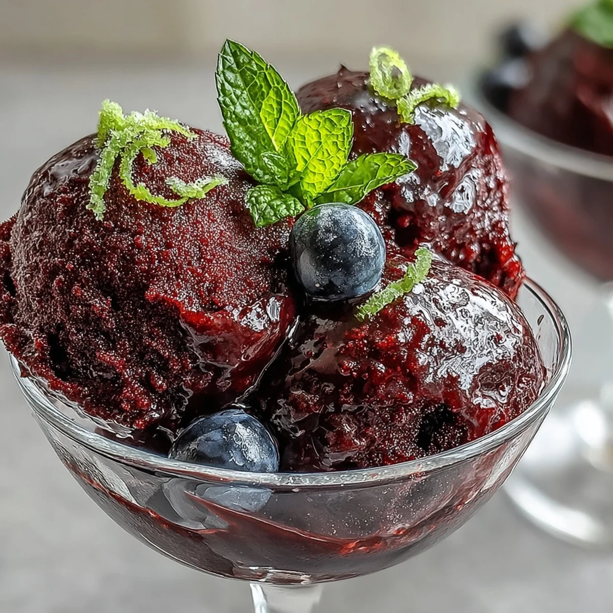 Bright sunlight highlights the rich, glossy swirls of Black Currant Sorbet in a waffle cone, ready for a refreshing summer treat.