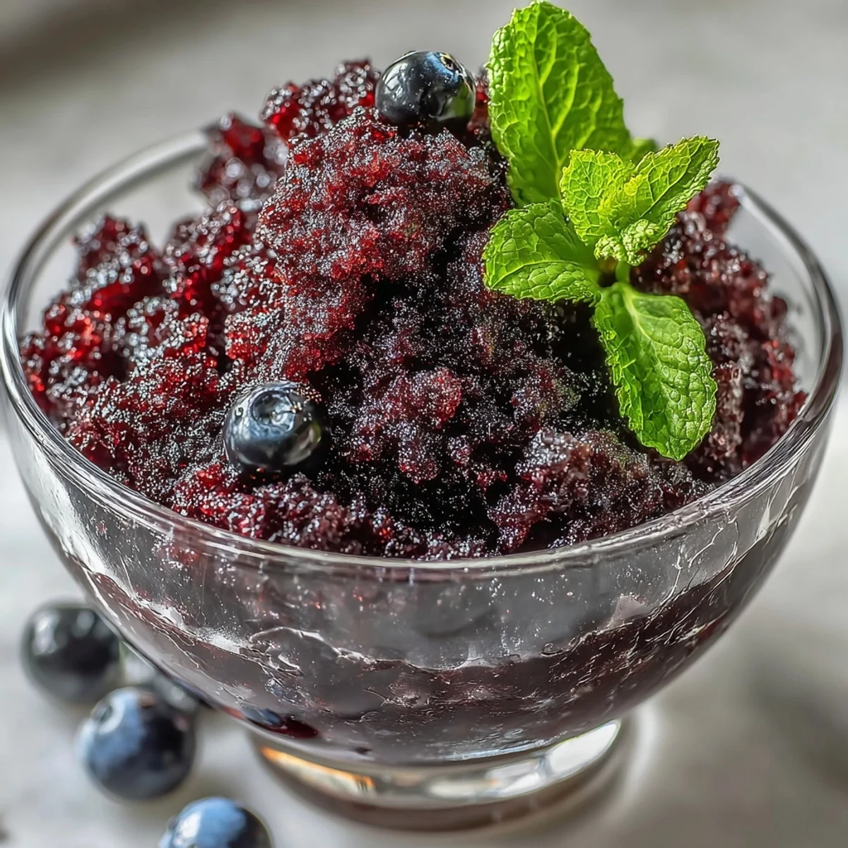 This vegan Black Currant Granita features fluffy, crystalline shards of frozen dessert scooped into a clear bowl, ready to enjoy.