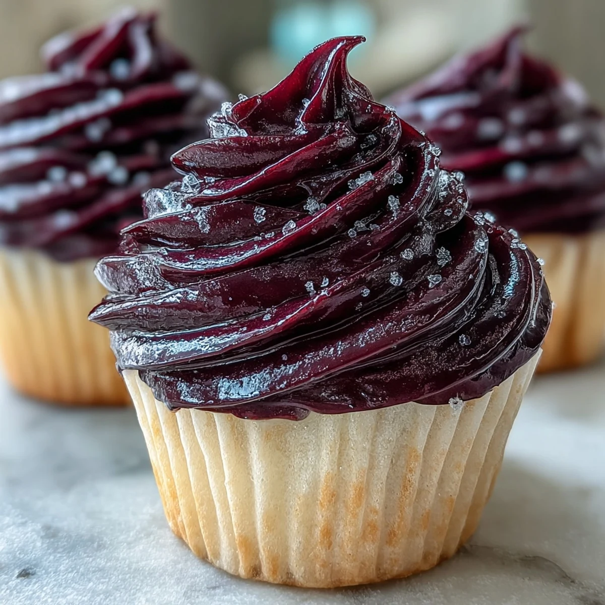 Velvety Black Currant Frosting swirls high on a vanilla cupcake, garnished with fresh berries.