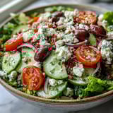 Colorful Greek Salad Bowl with cucumber, red onion, and creamy feta cheese