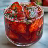 Refreshing strawberry basil lemonade mocktail pitcher with vibrant red strawberries and green basil, served over ice in a clear glass pitcher for summer gatherings.