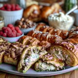 Elegant brunch board with assorted mini croissants, fruit, and sparkling mimosas for Mothers Day