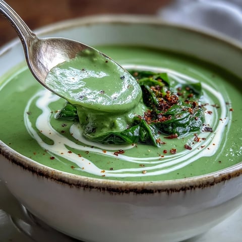 Creamy spinach soup with a swirl of cream, served warm in a rustic bowl for a comforting lunch.