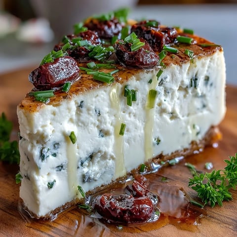 Freshly baked Kalamata cheesecake appetizer topped with sliced olives and parsley, set on a rustic board for a Greek-inspired party spread.