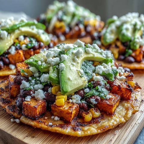 Crisp tostada shells topped with roasted sweet potato cubes and limey black beans, finished with avocado and feta for a vibrant vegetarian meal.
