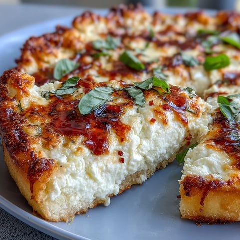 A slice of Hot Honey Ricotta Pizza with golden crust, creamy ricotta, and bubbling mozzarella, drizzled with spicy honey and fresh basil.  