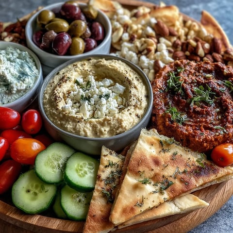 Vibrant Mediterranean brunch board featuring creamy hummus, smoky baba ganoush, and tzatziki with fresh vegetables.