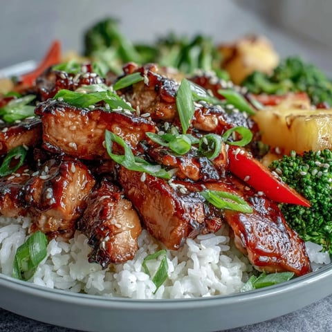 Bright teriyaki chicken and rice bowl with pineapple and sesame seeds, served on a white plate.