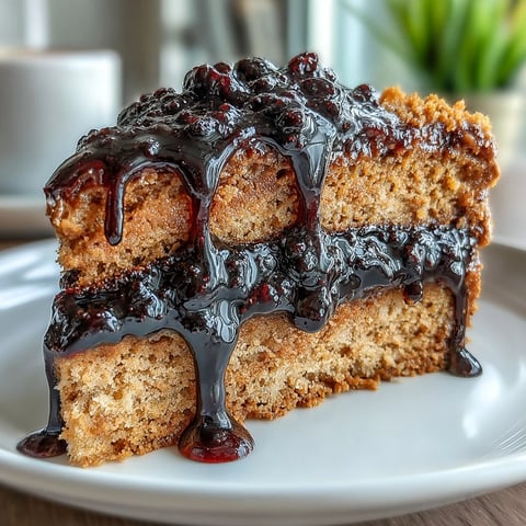 Slice of moist peanut butter cake with black currant sauce, revealing a ribbon of dark jam in the crumb.