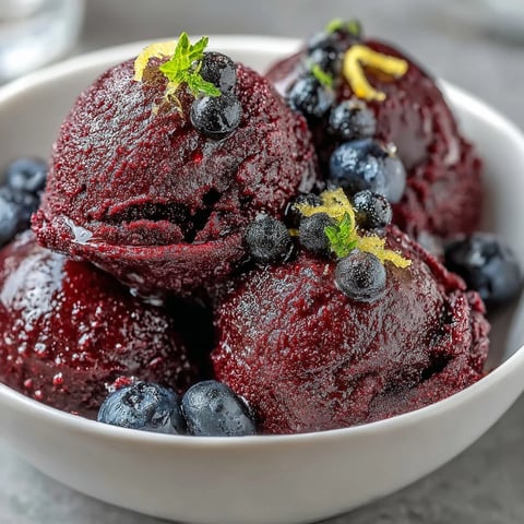 Freshly churned Black Currant Sorbet in a glass bowl reveals a deep purple hue and a perfectly smooth, frosty texture.