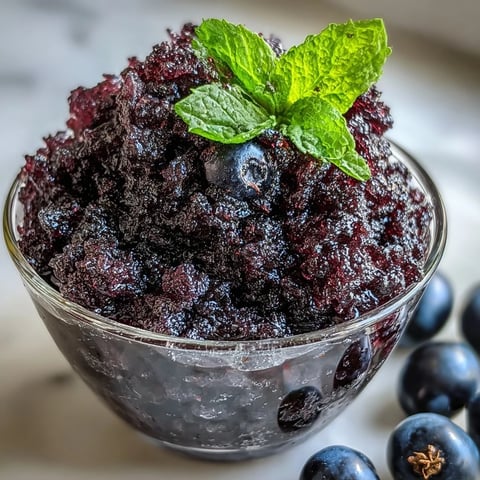 A close-up of homemade Black Currant Granita in a chilled glass, showcasing its bright purple, icy flakes and fresh mint garnish.