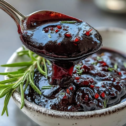 Black Currant and Rosemary Reduction simmering in a saucepan, with fresh rosemary sprigs and minced shallots nearby. 