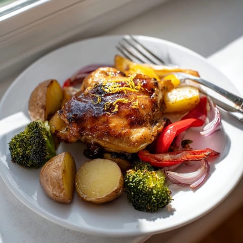 Juicy chicken thighs glazed in honey lemon marinade on a vibrant sheet pan meal, ready to serve.