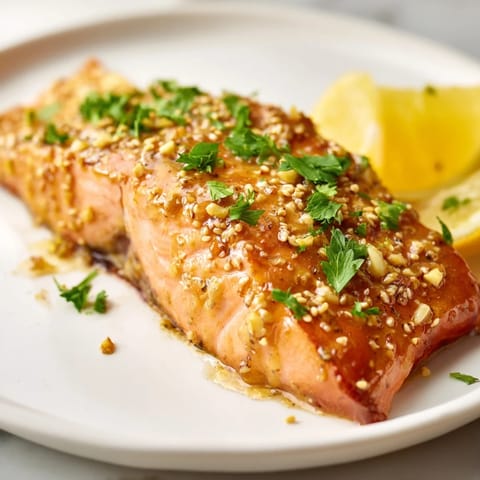 Close-up of baked Honey Mustard Glazed Salmon, glistening with a sweet and savory glaze.