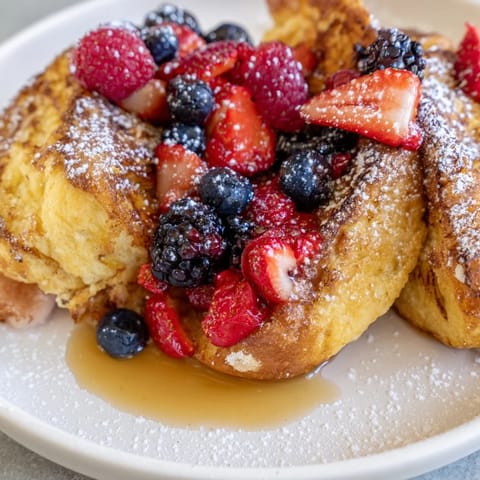 Delicious, fluffy French toast with juicy mixed berries and a sweet maple syrup finish.