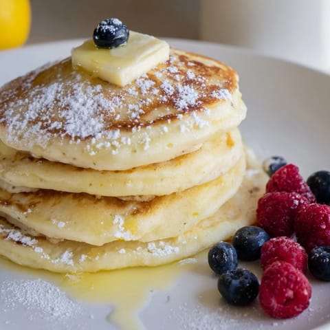 Close-up of freshly cooked Lemon Ricotta Pancakes: tender, light, and bursting with zesty lemon flavor.