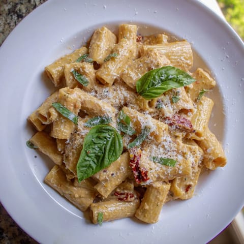 Vibrant image of fresh basil garnish atop the finished creamy sun-dried tomato pasta dish.