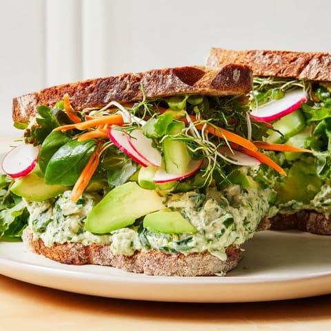 Close-up of a loaded Green Goddess sandwich, highlighting the textures of fresh ingredients inside.