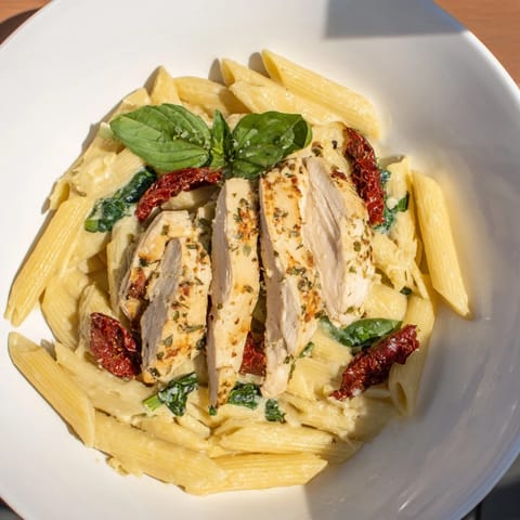 A visually appealing bowl of Creamy Tuscan Chicken Pasta, garnished with fresh herbs and Parmesan cheese.