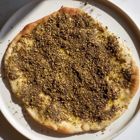 A close-up shot of crispy Levantine zaatar bread, perfect for dipping, golden and ready to savor.