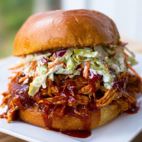 Golden toasted brioche buns hold tender pulled barbecue chicken, generously topped with creamy, tangy slaw.