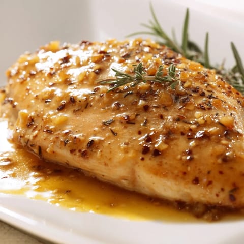 Juicy chicken simmers in a sweet and tangy honey Dijon sauce with aromatic thyme and rosemary, ready to serve.