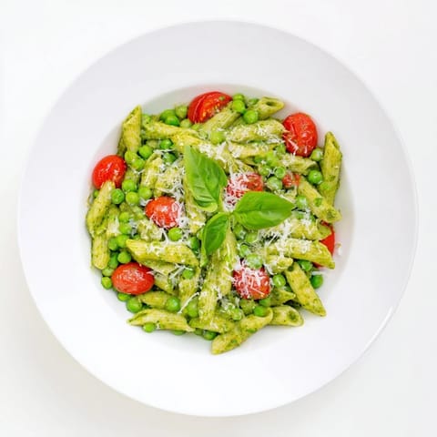 A chilled bowl of Green Pesto Pasta Salad garnished with fresh basil and grated Parmesan.