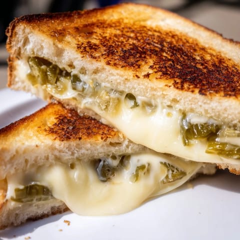 The classic Jalapeño Pepper Jack Grilled Cheese, sliced diagonally to reveal its creamy, spicy interior.