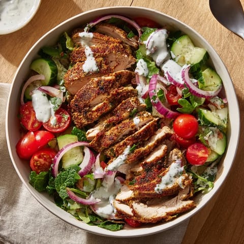 Vibrant Chicken Shawarma Salad Bowl with juicy marinated chicken, bright cherry tomatoes, crunchy cucumbers, and fresh parsley tossed with a zesty garlic yogurt dressing.  