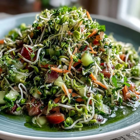 Glistening sprouted seed salad, a light and crunchy vegan dish ready to serve.