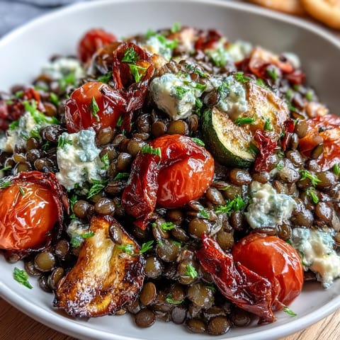Hearty Black Lentil Salad, showcasing tender lentils and sweet caramelized roasted vegetables.