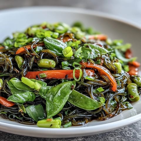 Satisfying vegan Kelp Noodle Stir-Fry, showcasing crisp snap peas and bell peppers.