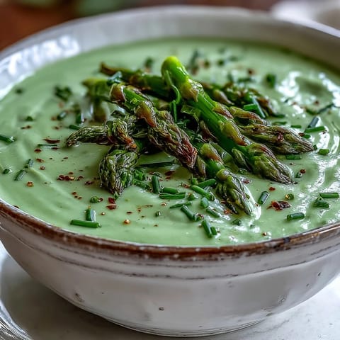 Smooth and creamy Asparagus Soup garnished with fresh chives, served in a rustic bowl for a light spring meal.