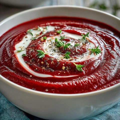Earthy Roasted Beet Soup blended until velvety smooth, served hot with crusty bread for dipping.