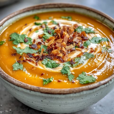 A close-up of velvety Carrot and Coconut Soup poured from a ladle into a rustic bowl.