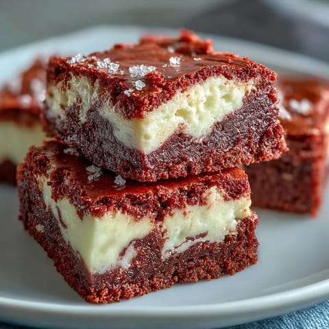 Freshly baked Red Velvet Cheesecake Brownies cut into squares, revealing a moist interior and creamy swirls perfect for a party. 