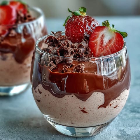 Chocolate-Covered Strawberry Mousse served in glass topped with fresh strawberry halves.