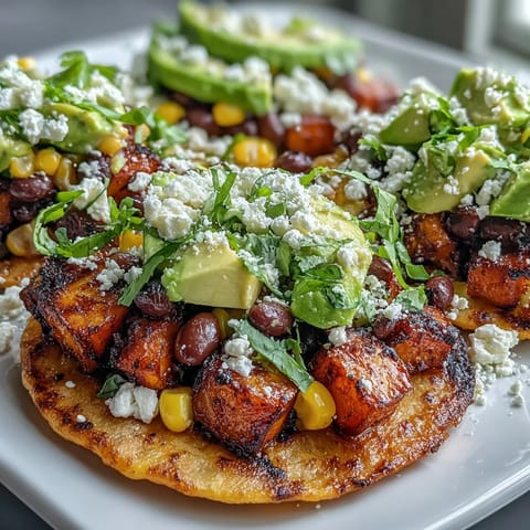 Golden roasted sweet potatoes mingle with smoky black beans and corn on a crunchy tostada, garnished with fresh cilantro and creamy avocado slices.