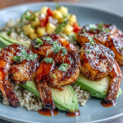Smoky grilled shrimp rests next to creamy avocado slices and fluffy quinoa, garnished with bright, chunky mango salsa and a tangy lime chili drizzle.