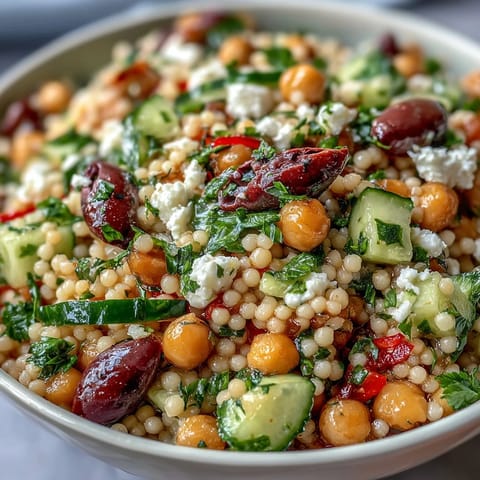 Serving suggestion for Mediterranean Pearl Couscous: a vibrant chilled salad with crunchy veggies and zesty oregano vinaigrette.