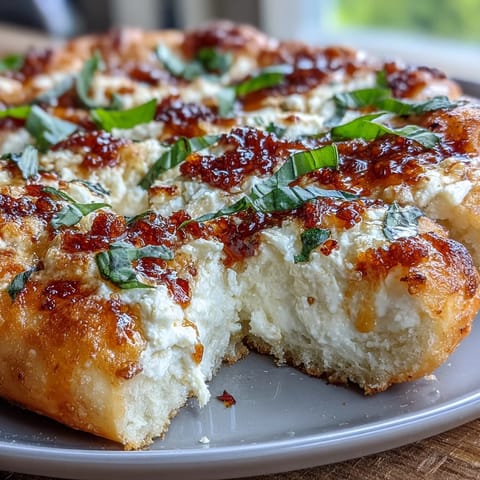 Hot Honey Ricotta Pizza fresh from the oven, featuring fluffy dough topped with ricotta, mozzarella, and a glossy swirl of spicy honey.  