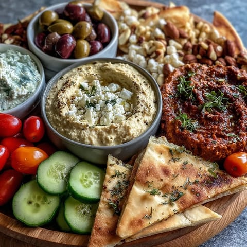 Vibrant Mediterranean brunch board featuring creamy hummus, smoky baba ganoush, and tzatziki with fresh vegetables.